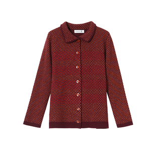 日神中老年加厚纯山羊绒开衫女秋冬新款格子翻领大码针织毛衣外套