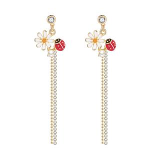 浪漫花瓣人造珍珠双线流苏耳坠优雅气质高级感耳饰长线双吊坠耳环