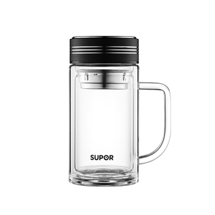 苏泊尔双层玻璃杯隔热带把手男士家用大容量商务办公带盖泡茶水杯