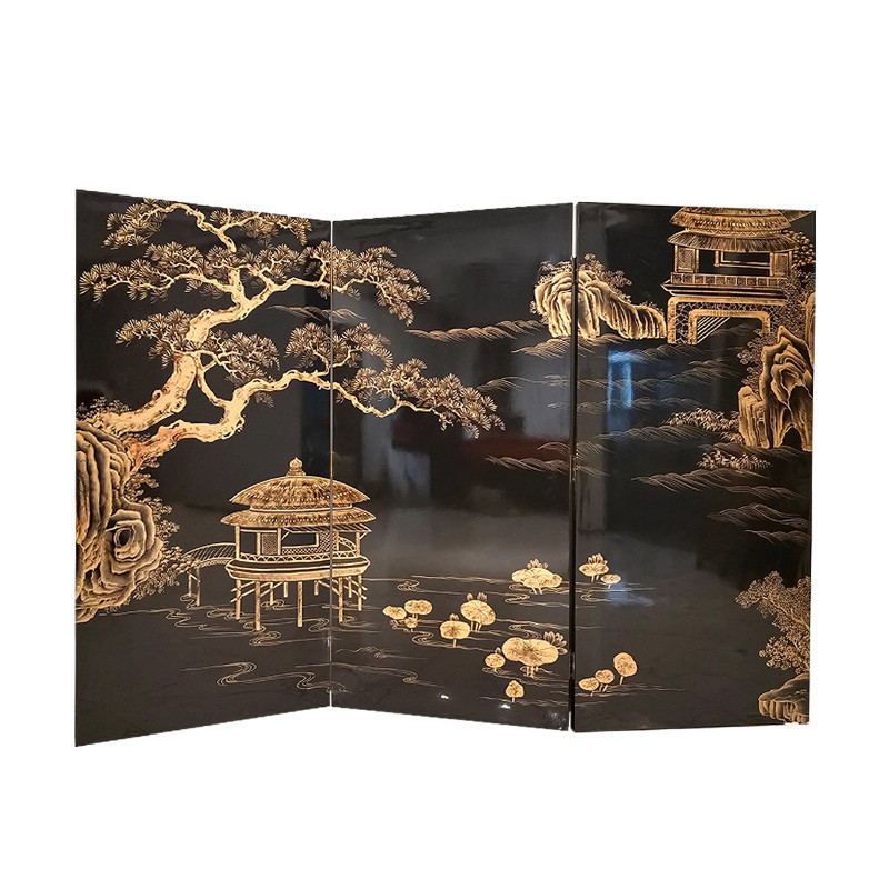 中古风手绘漆画屏风客厅新古典酒店艺术画屏山水玄关折叠隔断折屏