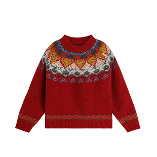 布丁哈鲁新年冬装女童2025冬季新款童装儿童加厚服费尔岛红色毛衣