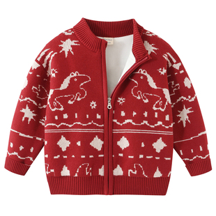 男童加绒毛衣外套冬季儿童红色拉链针织开衫宝宝新年服棉衣袄8237