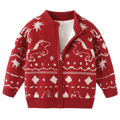 冬男童加绒毛衣外套红色新年棉服