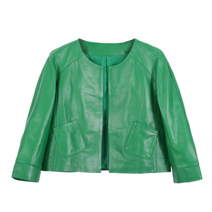短外套女2025年秋季新款绵羊皮短款皮衣真皮果绿色上衣圆领皮夹克