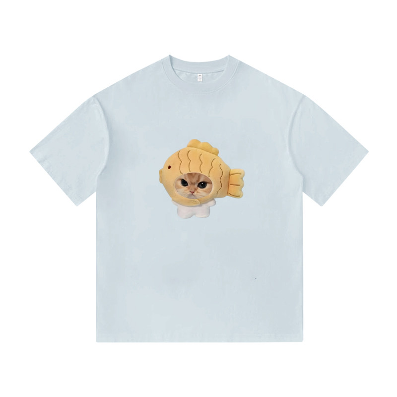 可爱小鱼饼干猫猫哈基米短袖卡通设计印花宽松纯棉男装夏季T恤衫