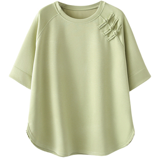 新中式盘扣百搭短袖上衣胖仙女莹莹大码女装胖mm夏宽松遮肉T恤衫