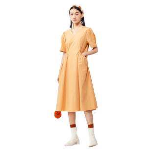 古木夕通勤纯色V领短袖连衣裙女夏季简约宽松显瘦中长裙GS3301810