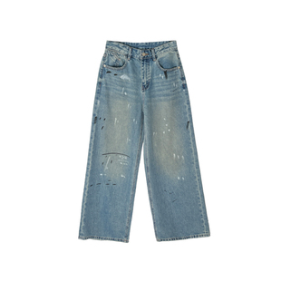 原创设计款！~手绘涂鸦直筒牛仔裤女2026新款高腰宽松阔腿长裤子