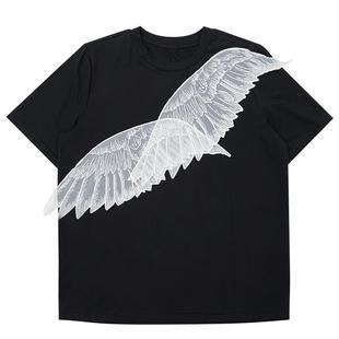 CHICSKY原创天使翅膀撞色T恤女夏季暗黑风设计感小众黑色短袖上衣