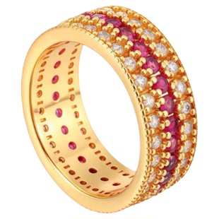 水贝黄金金包银红宝石戒指女款三排满钻轻奢指环送女友情人节礼物