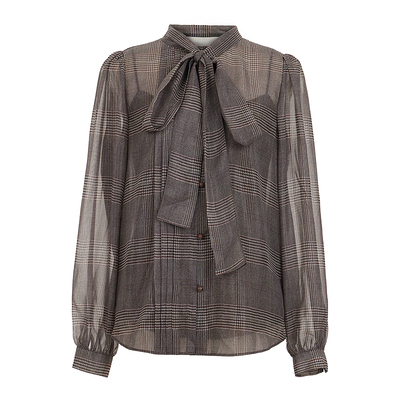 朗姿/MOJO AVENUE莫佐2025冬新款法式优雅飘带领衬衫女复古格纹假