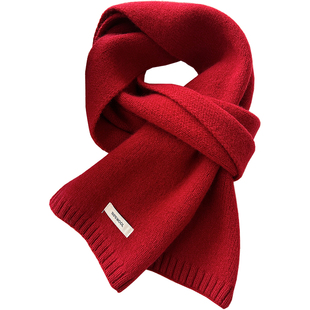 精选澳洲纯绵羊毛100%红色围巾新款纯色百搭男女冬季保暖针织围脖