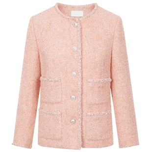 莱茵福莱尔春季新款绵羊毛粗花呢粉色小香风套装肌理感外套