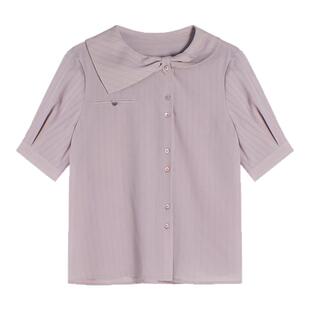 贰羊设计【南枝】通勤设计感不对称翻领紫色衬衫女短袖气质感上衣