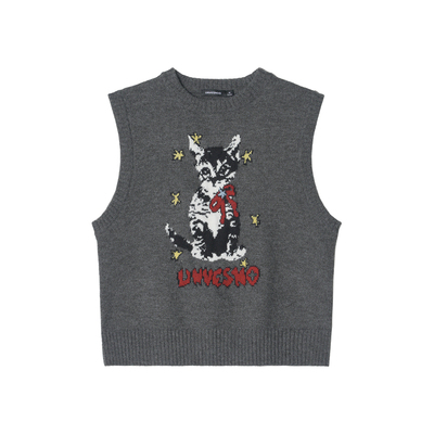Unvesno(UN)Vintage复古可爱星辰猫咪提花休闲秋季保暖针织背心