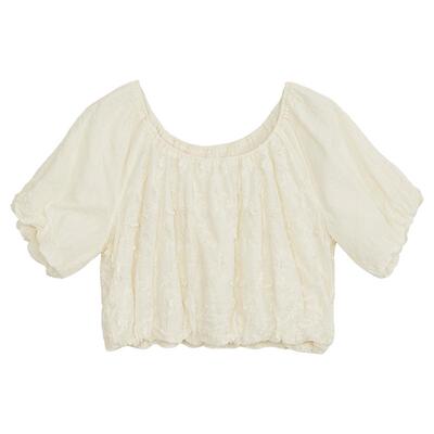 谜底短款上衣女士2024年夏季新品复古田园风宽松T型小衫242MS0514