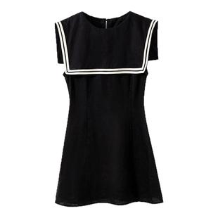 【街拍主角】1OO%亚麻 简约风撞色拼接长短款海军领收腰连衣裙