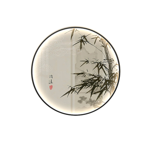 迎客松竹子玄关装饰画新中式水墨禅意圆形挂画led灯画茶室进门画