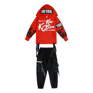 儿童套装男2023秋装男孩迷彩卫衣红色连帽中大童街舞服hiphop嘻哈