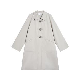 紫涵直筒中长款卡其色翻领风衣女秋季新款复古宽松牛角扣拉链外套