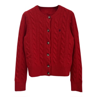 山羊绒+羊毛~刺绣圆领休闲百搭复古麻花针织衫开衫毛衣外套女显瘦