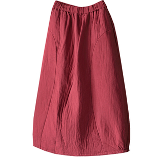 陌上轩 复古文艺纯色棉麻半身裙女冬宽松小A字夹棉加厚棉裙九分裙