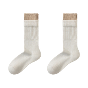 羊毛袜子女秋冬季加厚保暖中筒袜咖色双罗口堆堆袜抗菌防臭月子袜