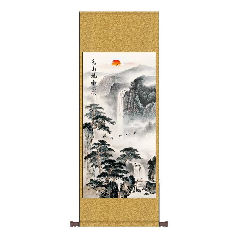 高山流水招财丝绸卷轴画办公室装饰画茶楼画玄关风水礼品宣纸字画