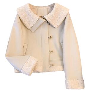 娃娃领小香风皮毛一体短外套女2025秋冬季新款加绒加厚羊羔毛夹克