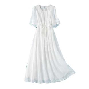 大码白色连衣裙女夏2024新款胖mm仙气公主短袖提花中长款初恋裙子