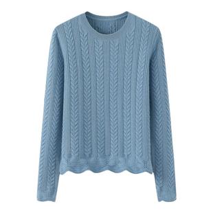 阿绒源山羊绒绞花女套衫低圆领蓝色针织羊毛衫短款长袖休闲毛衣厚