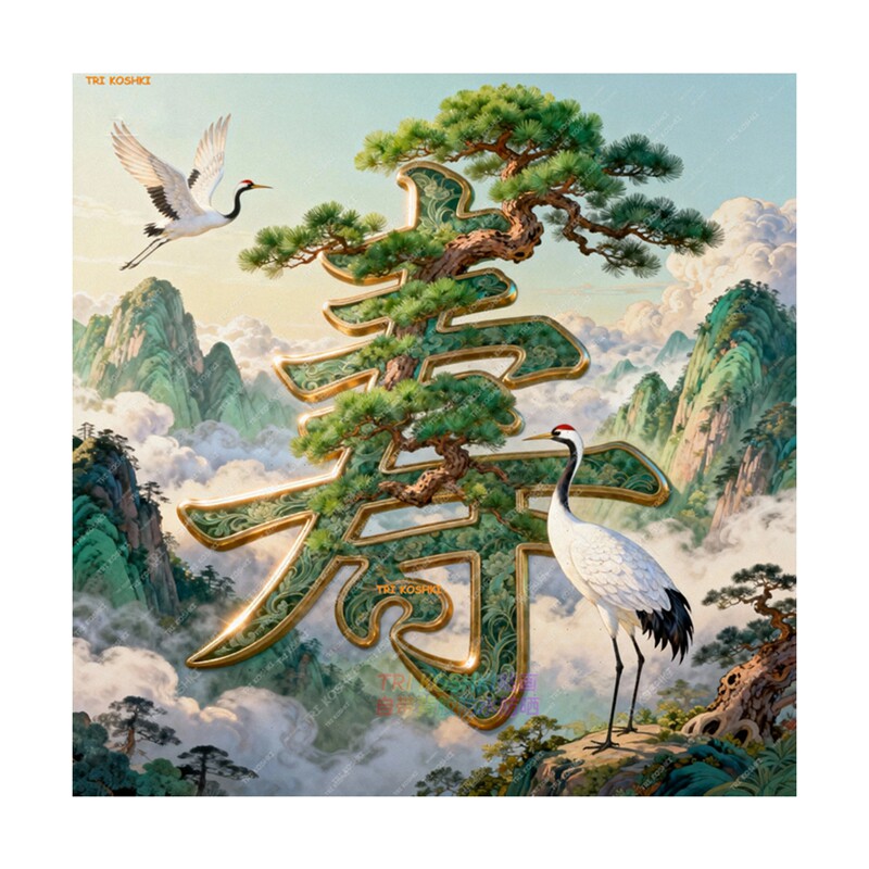 仙鹤祝寿贴画老人过寿客厅背景墙贴迎客松仙鹤福寿绵绵好寓意墙贴