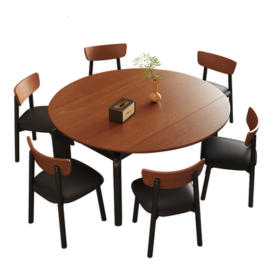 中古风实木伸缩餐桌椅组合家用小户型方圆两用胡桃色复古圆形餐桌