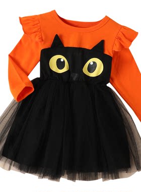 BABY HALLOWEEN欧美万圣节猫咪连衣裙长袖T恤拼接黑纱裙公主裙ins