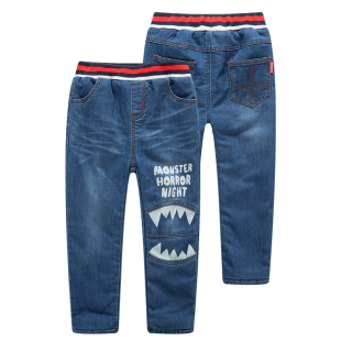 非常小鱼38712男童柔软休闲裤秋冬双层针织里绒里厚绒牛仔长裤