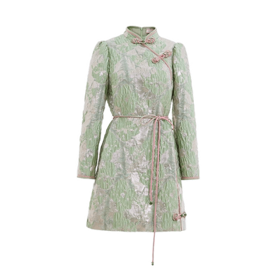 COCOON商场同款时尚连衣裙双色盘扣青提绿旗袍连衣裙春款