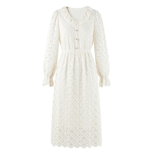 秋水伊人法式复古蕾丝针织连衣裙2025年冬季新款v领木耳花边裙子