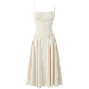 【包邮】法式复古方领立体钢圈设计感收腰褶皱吊带裙过膝连衣裙