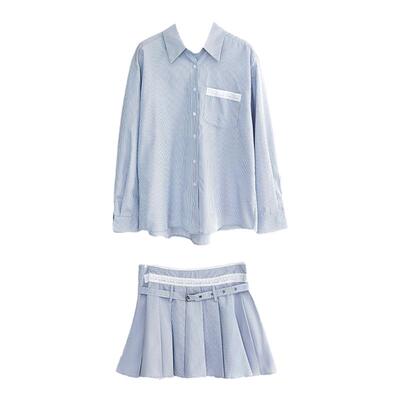 蓝色条纹衬衫连衣裙短裤两件套