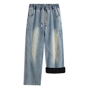 加绒加厚牛仔裤男士宽松直筒裤胖子冬季保暖长裤弯刀休闲大码男裤