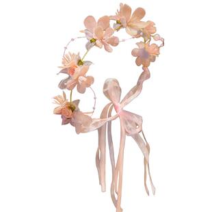 超仙粉色珠珠花环发箍女童编发神器森系公主簪花儿童头饰长飘带