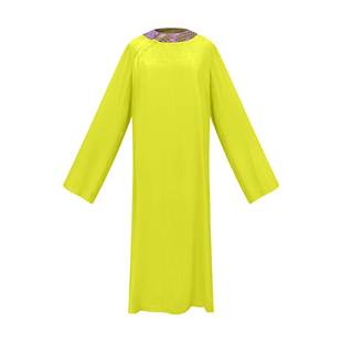 TUYUE涂月 新中式 柳黄色缎面织花×真丝丝绒 H型开叉连衣裙