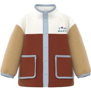 papa爬爬冬季儿童外套男女童保暖加厚摇粒绒上衣立领撞色