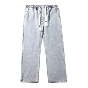 系绳弹力直筒牛仔裤男款春秋季潮牌百搭宽松美式高街阔腿休闲裤