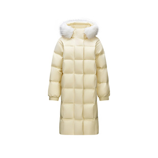 森马羽绒服女长款毛领连帽保暖黄色2025新款冬季三防防风外套过膝