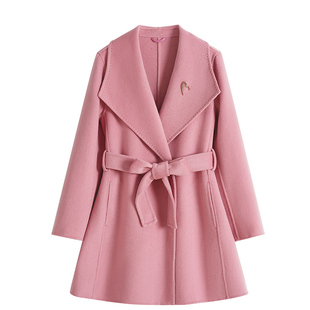 高级感大翻领粉色羊毛呢大衣女小个子中长款收腰显瘦气质通勤外套