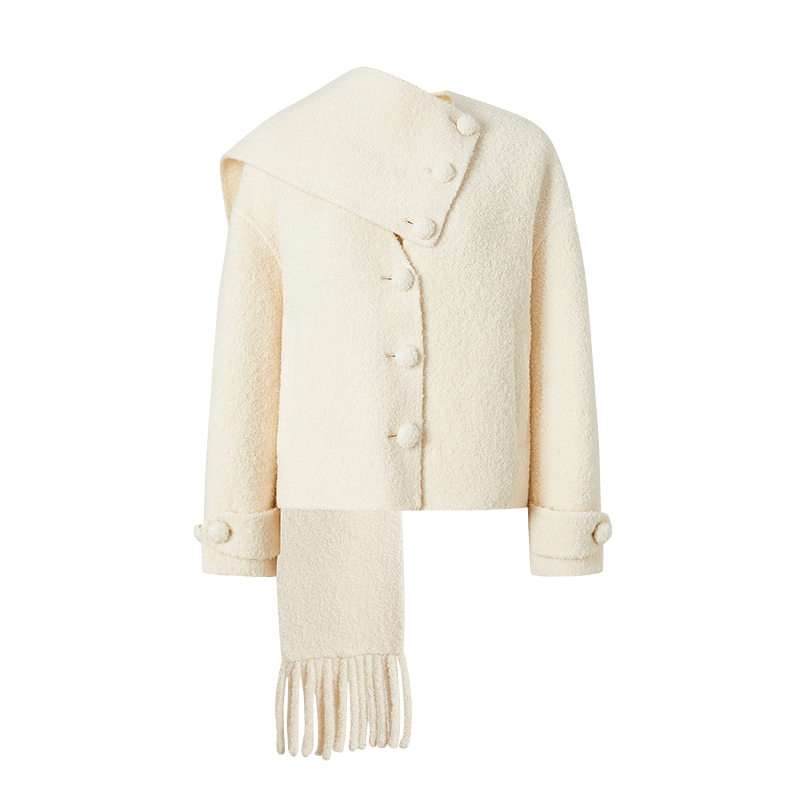 MOISSAC摩萨克2025秋新款羊毛混纺V领流苏披肩式不对称短大衣女