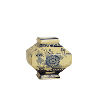 聞其 东方巴黎黄釉青花新中式八角花瓶 玄关客厅手绘开运装饰摆件