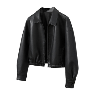 她池翻领外套2026春装新款女装宽松款显瘦落肩长袖休闲风PU夹克