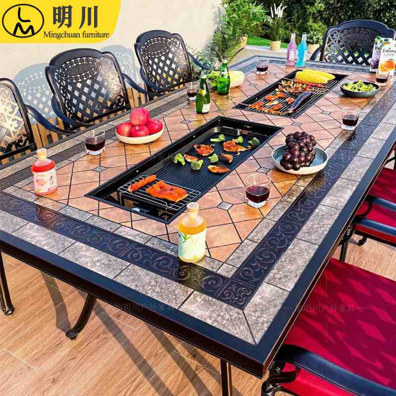户外烧烤桌椅铸铝商用室外休闲木炭烧烤架庭院桌子家用院子碳烤炉
